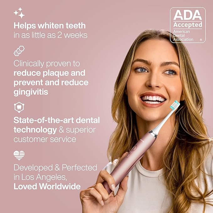 Aquasonic Vibe Series Ultra-Whitening Toothbrush – ADA Accepted Electric Toothbrush - 8 Brush Heads &amp Travel Case – 40000 VPM Motor &amp Wireless Charging - 4 Modes w Smart Timer – Satin Rose Go