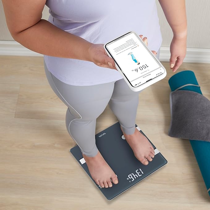 Taylor Smart Body Composition Scale with Precision Hub App for Body Weight with Smart App Connectivity Third Party Sync 400 lb Capacity Durable Glass Platform Charcoal