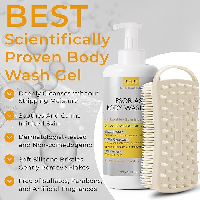 Body Wash | Psoriasis Treatment For Skin | Psoriasis Body Gel | Foaming Cleanser For Dry Itchy Red Flaky Scaly Skin w/Scrubber