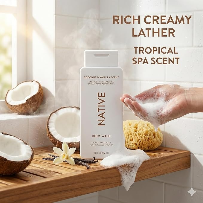 Native Body Wash 2 Pack Coconut Vanilla Sulfate Free Paraben Free Natural Moisturizing Shower Gel for Women and Men 18 oz Each