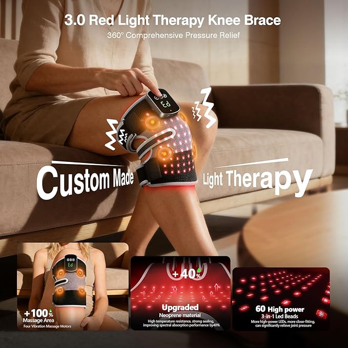3-in-1 Red Light Therapy Knee Brace with 4 Vibration Massage Areas 5000mAh Rechargeable Heated Knee Massager 660nm&amp850nm Infrared Light Therapy Heated Device for Knee Elbow Shoulder Pain Relief