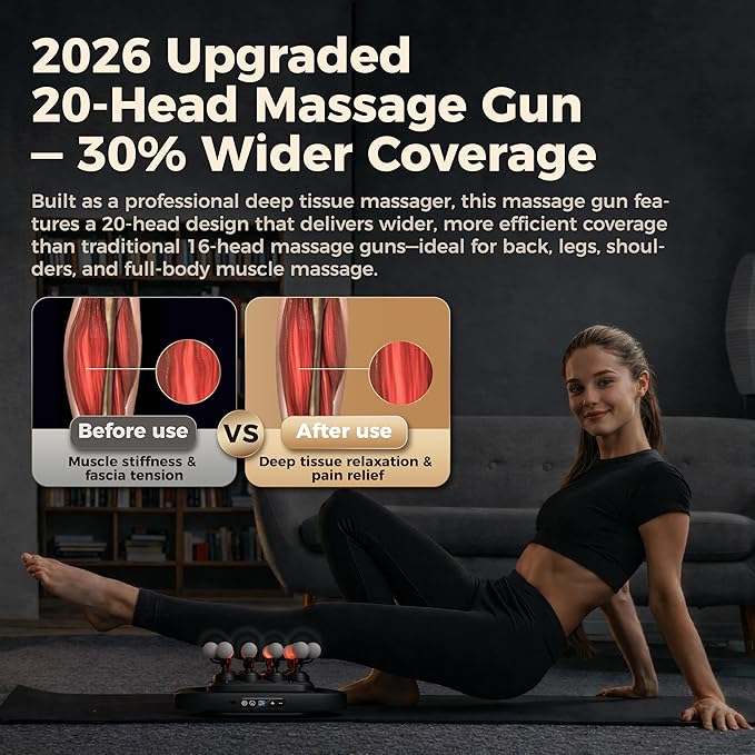 20-Head Massage Gun SetDeep Tissue Massage for Muscle Pain ReliefHigh-Power Electric Massager Gun with 3 Modes30 LevelsQuiet Handheld Body Massage Tool for BackLegsWaistArmsRecovery