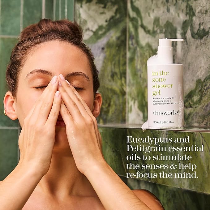 THISWORKS In The Zone Shower Gel | Refreshing Body Wash with Eucalyptus &amp Frankincense | Cleanses Soothes and Revitalizes Skin | Aromatherapeutic Formula 10.1 oz / 300ml
