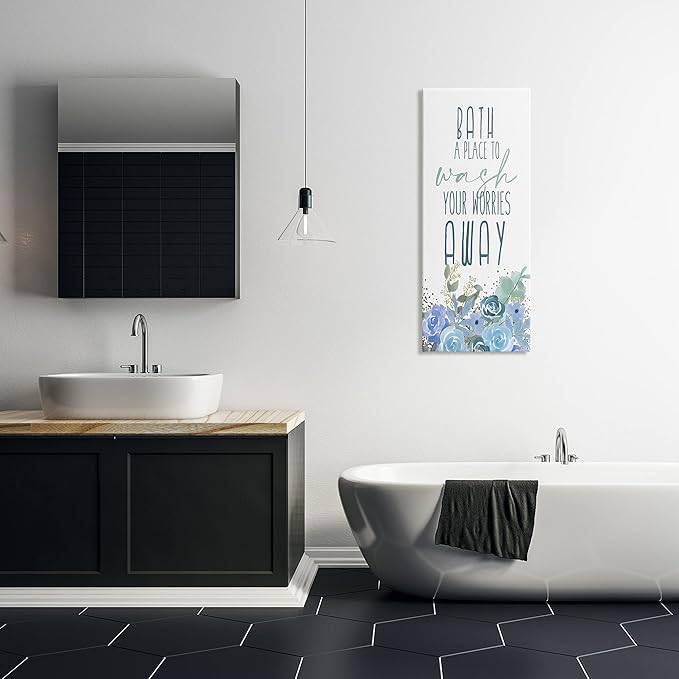 Stupell Industries Bath Definition Wash Worries Away Phrase Blue Florals
