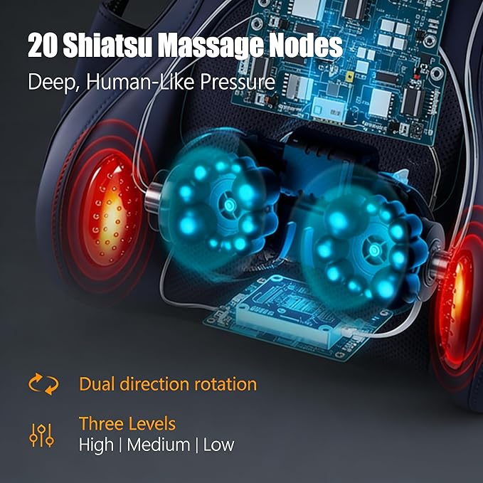 Shiatsu Neck and Back Massager with Heat Deep Tissue Massage Cushion for Pain Relief 20-Node Kneading Vibration &amp Infrared Heating Ergonomic Chair Back Massager for Home Office