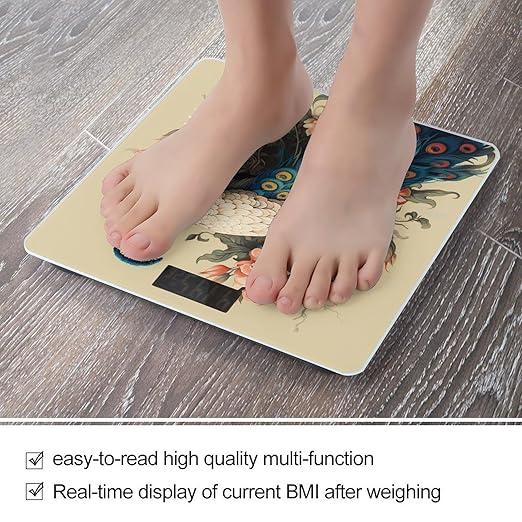 Peacock and Flowers Scale for Body Weight Anti-Slip Digital Bathroom Scale Sturdy Toughened Glass Weighing Scales High Precision Safe Rounded Corners Smart Scales