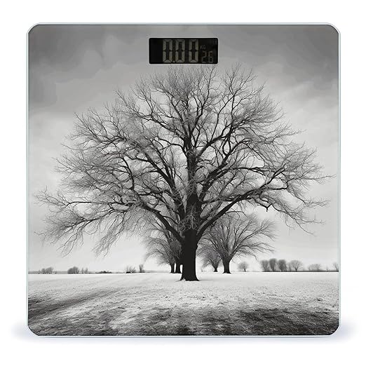 Black and White Tree Scale for Body Weight High Precision Digital Weight Scales with LCD Display Anti-Slip Sturdy Slim Tempered Glass Bathroom Scale for Home Use