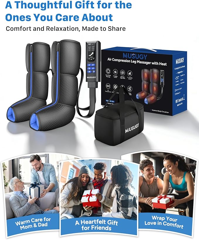 Air Compression Leg Massager with Heat : MUSUGY Sequential Foot and Calf Massager for Circulation and Pain Relief with 9 Intensity 6 Modes 3 Heat - for Mom Dad Standing Jobs &amp Daily Relaxatio