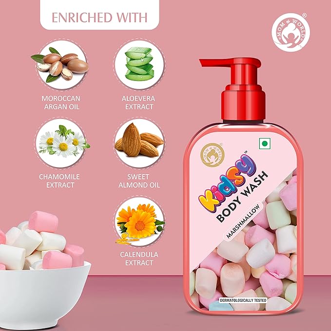 Mom &amp World Kidsy Marshmallow Body Wash No Tears No SLS For Kids Dermatologically Tested pH Balanced 240 ml