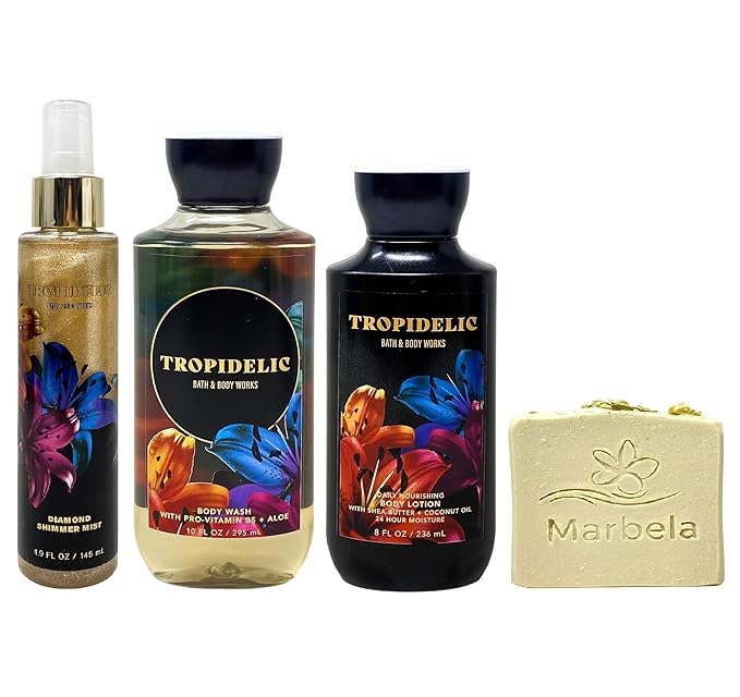 Bath &amp Body Works Tropidelic Trio Gift Set - Shimmer Mist Body Wash and Body Lotion - with a Wild Jasmine Bar Soap - Full Size