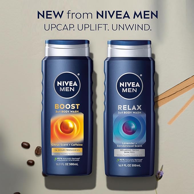 Nivea Men Relax 3-in-1 Body Wash Lavender and Sandalwood Scented Men's Body Wash Cleanses Face Body and Hair 16.9 Fl Oz Bottle Pack of 6