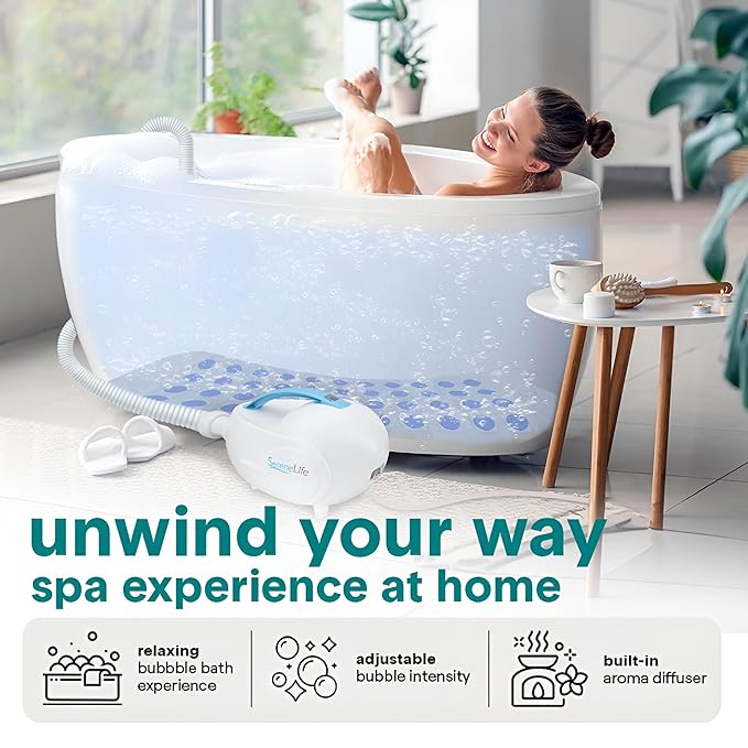 SereneLife Portable Spa Bubble Bath Massager - Waterproof Non-Slip Mat with Suction Cup Bottom Motorized Air Pump and Adjustable Bubble Settings Remote Control Included 47 x 14