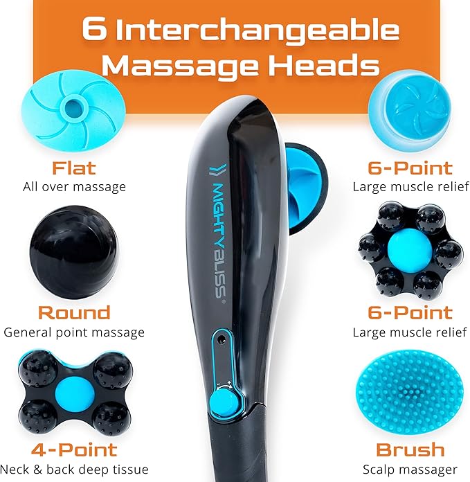 Mighty Bliss Deep Tissue And Back Massager Cordless Handheld Electric Percussion Muscle Massager Machine - Long Handle Full Body Therapy Massager For Neck Shoulder Back Leg Feet - 6 Heads Included