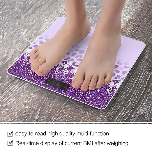 Women's Fashion Automatic Switch Digital Bathroom Weighing Scale Smart Scale Purple Glitter Pattern Cheetah Leopard Print