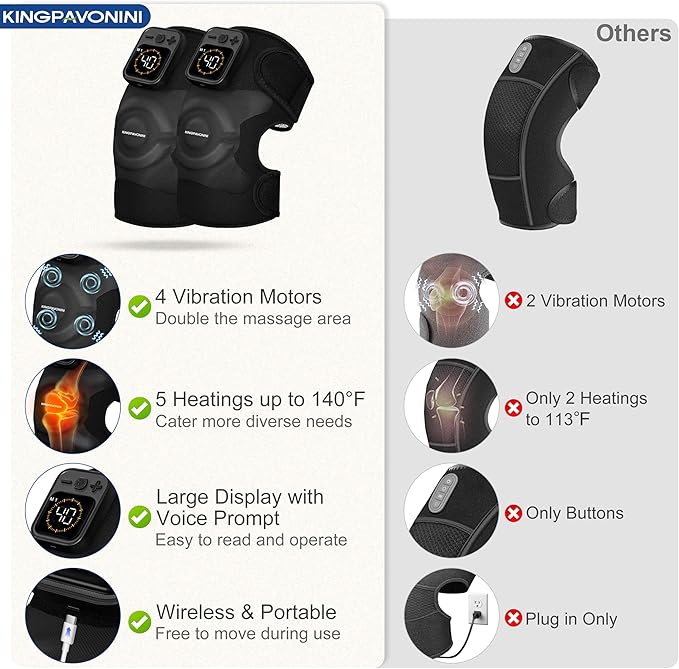 KingPavonini Cordless Knee Massager for Pain Relief Newly 4 Motors Vibration 5 Heat Levels 6 Massage Modes Knee Heating Pad for Knee Pain Heated Knee Massager Brace for Mom Dad (Black 2.0)