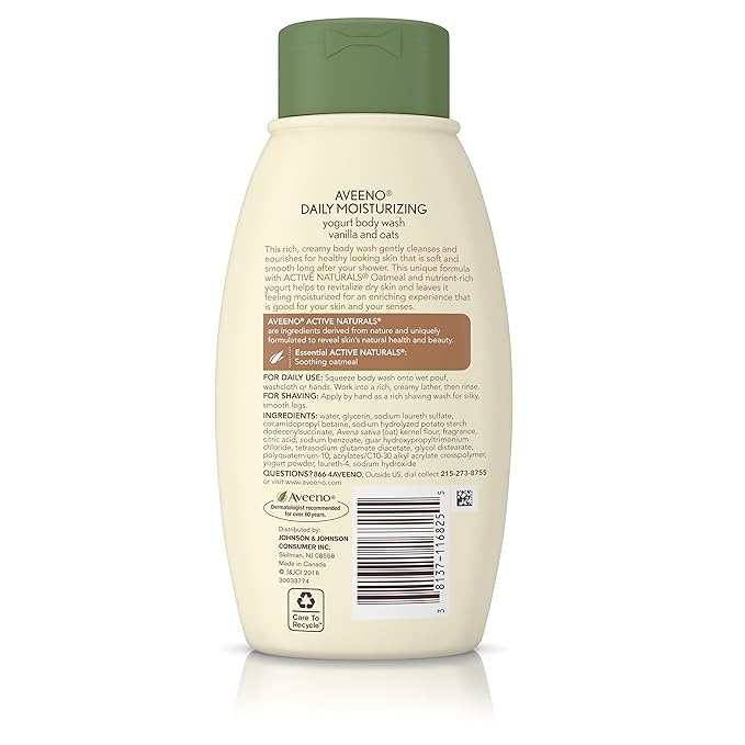 Aveeno Daily Moisturizing Yogurt Body Wash for Dry Skin with Soothing Oat &amp Vanilla Scent Gentle Body Cleanser 12 fl. oz (Pack of 3)