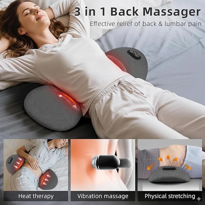 3-in-1 Upgraded Electric Lumbar Support Pillow Suitable for Chairs Beds and Travel. Heated Back Massager for Deep Tissue Massage to Relieve Pain