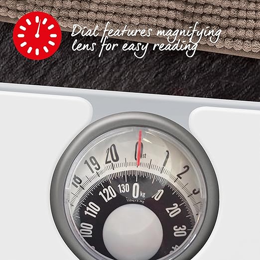 Salter 484 WHDR Mechanical Bathroom Scale – Premium Body Weight Scale Personal Analogue Scale Large Magnifying Lens 133 KG Max Capacity Monochrome Design No Batteries Required White