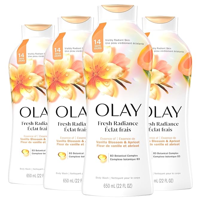 Olay Body Wash for Women Fresh Radiance Refreshing &amp Renewing Made with Plant Based Cleansers B3 Botanical Complex For All Skin Types Vanilla Blossom &amp Apricot Scent 22 fl oz (Pack of 4