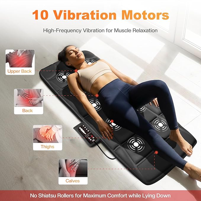 CILI Massage Mat Full BodyMassager Chair Pad10 Vibration Motors &amp 5 Massage ModesBack Massager for BedMassage Mattress Pad for BackHeating Pad with Auto Shut Off