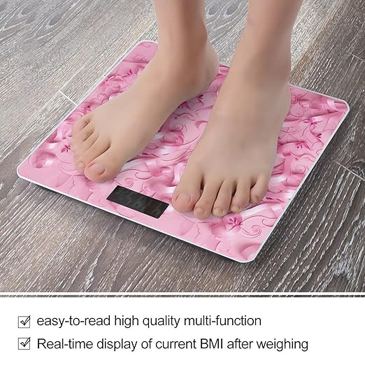 Pink Ribbon Pattern Scale for Body Weight Anti-Slip Tempered Glass Digital Bathroom Scales Clear LCD Display Weighing Scale Safe Rounded Corners Smart Scales