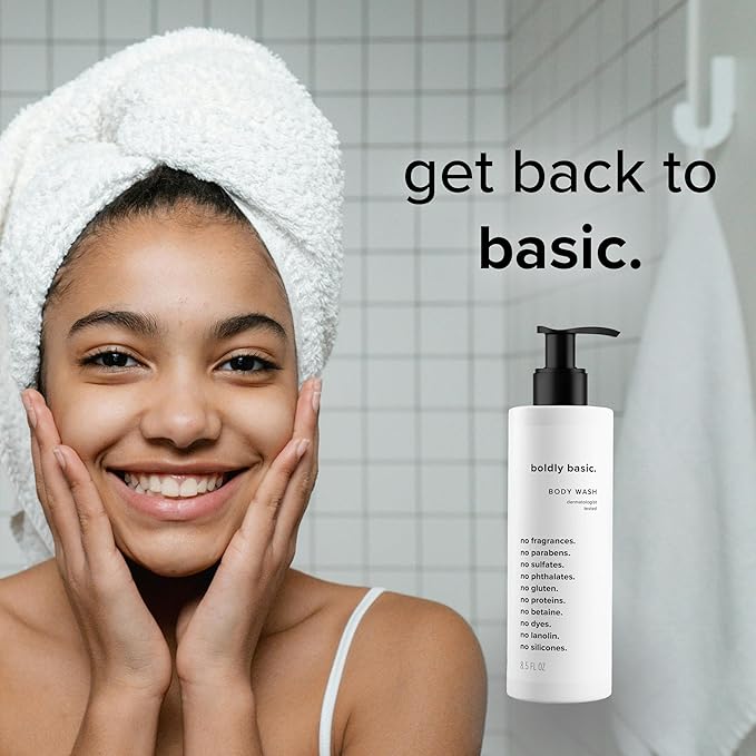 Boldly Basic Fragrance Free Body Wash and Lotion - Gentle on Sensitive Skin - Unscented - Dermatologist Tested - No Sulfates Parabens or Gluten - Hypoallergenic and Moisturizing