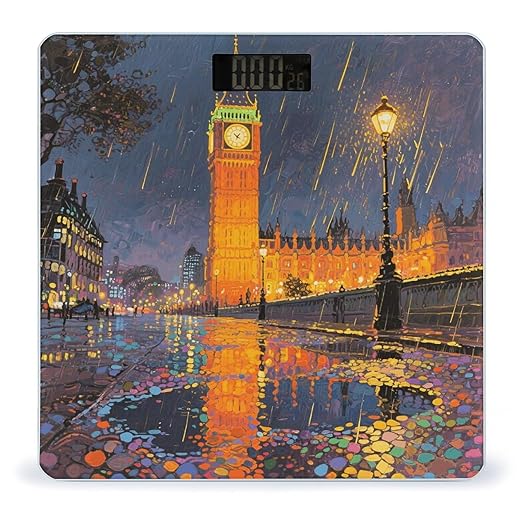 London Big Ben Rainy Evening Scale for Body Weight Sturdy Tempered Glass Weighing Scales with LCD Display Accurate Digital Bathroom Scale Convenient Body Fat Smart Scales Easy Read