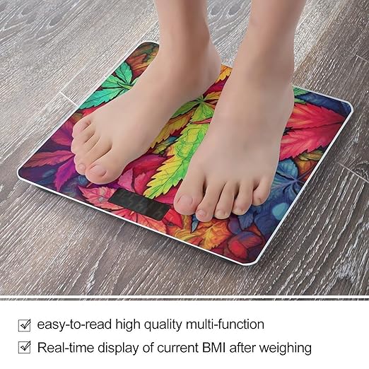 Multicolor Leaf Weed Art Weight Scale Large Bathroom Scales Digital Weight with Bright LED Display Non Slip Automatic Weighing Scale Fashion Weighing Machine for Body