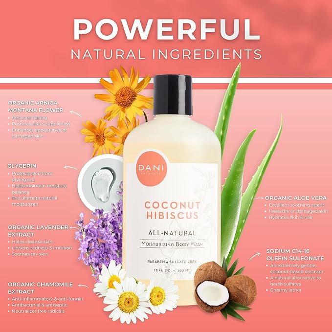 DANI Naturals Moisturizing Body Wash - Tropical Coconut Hibiscus Scent with Organic Aloe Vera &amp Natural Glycerin - Paraben &amp Sulfate-Free Shower Gel - 12 oz - Vegan &amp Cruelty-Free