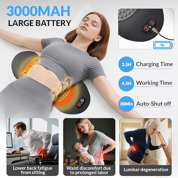 Rechargeable 3 in 1 Back Massager Electric Lumbar Support Pillow Heat Vibration Massage Lower Back