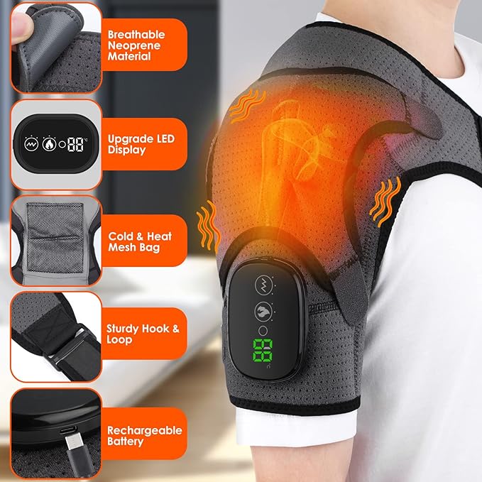 Heated Shoulder Wrap Shoulder Heating Pads Massager for Men Women Electric Cordless Vibration Massage Heated Shoulder Braces with 3 Heating Setting Left Right Shoulder Massage