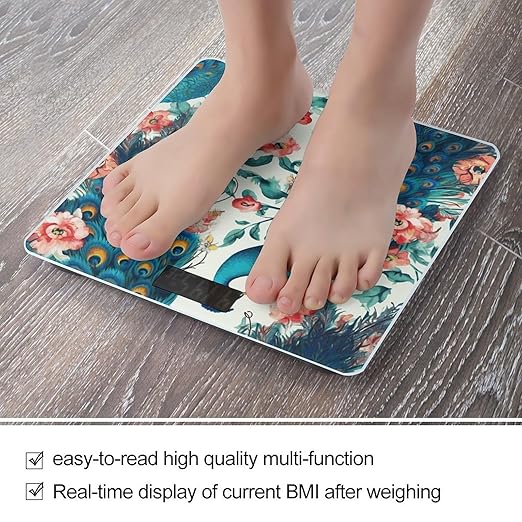 Beautiful Peacock Flowers Scale for Body Weight High Precision Digital Weight Scales with LCD Display Anti-Slip Sturdy Slim Tempered Glass Bathroom Scale for Home Use