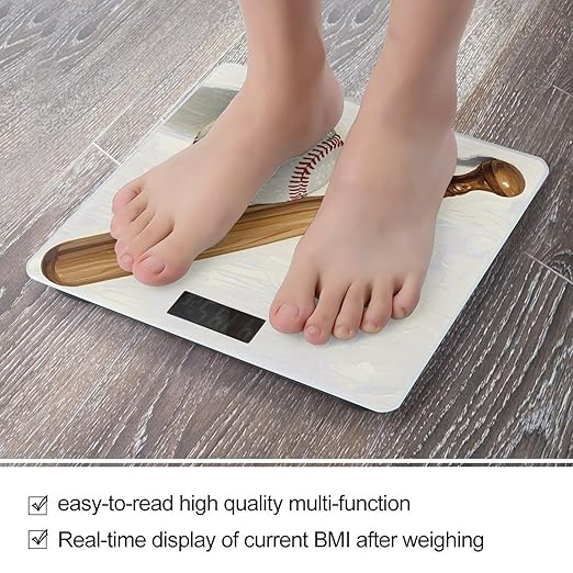 Hand Drawn Baseball Bats and Ball Scale for Body Weight Digital Bathroom Scale Toughened Glass High Precision Scales for Body Weight with Large LCD Backlight Display Weight Scales