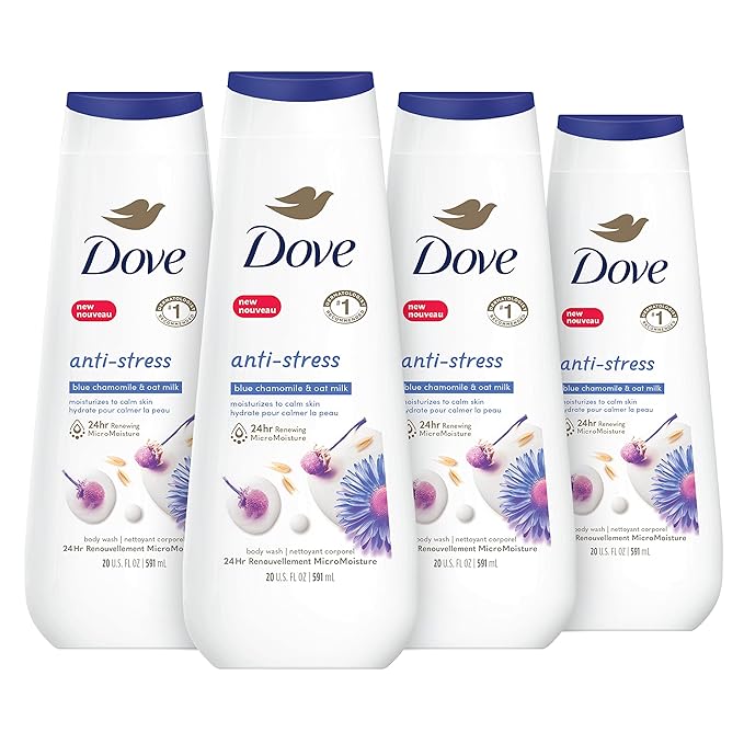 Dove Body Wash Anti-Stress Blue Chamomile &amp Oat Milk 4 Count for Renewed Healthy-Looking Skin Moisturizing Gentle Skin Cleanser with 24hr Renewing MicroMoisture 20 oz