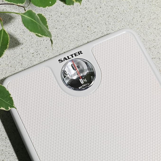 Salter 489JS WHDR Mechanical Bathroom Scales Easy to Read Display with Magnified Lens Measures Precise Weight in Stones and Kilograms No Batteries Required White