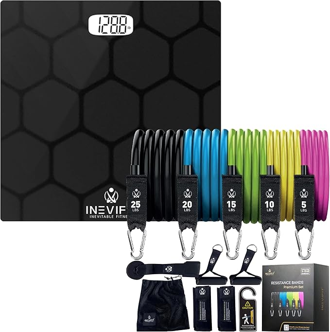 INEVIFIT Strength &amp Wellness Bundle Digital Bathroom Scale &amp 150 LBS Resistance Band Set for Home Workouts