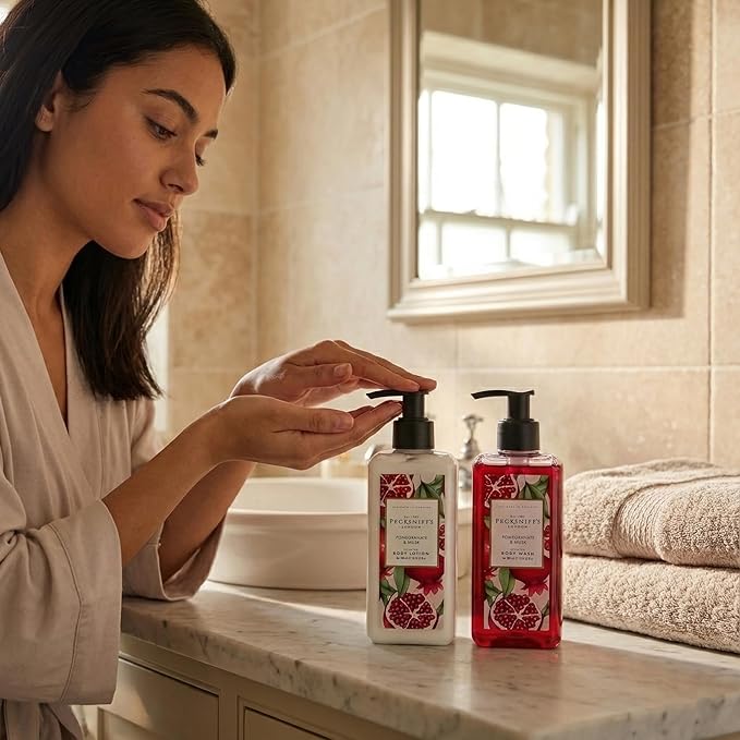 Pecksniff's Body Care Duo Tin Box – Enchanted Pomegranate &amp Musk 300ml Body Wash and 300ml Body Lotion Gift Set Luxury Skincare Collection with Reusable Tin Hydrating &amp Nourishing Daily Care