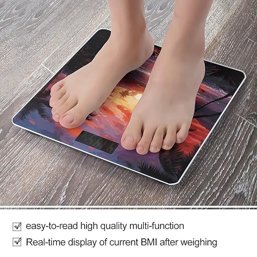 Colorful Tropical Sunset Digital Bathroom Scale for Body Weight with High Precision Digital Weighing Scale with BMI Clear LCD Display and Step-On Measures Weight Up to 180kg