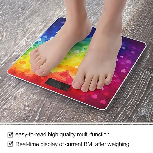 Colorful Rainbow Love Heart Weight Scale Large Bathroom Scales Digital Weight with Bright LED Display Non Slip Automatic Weighing Scale Fashion Weighing Machine for Body