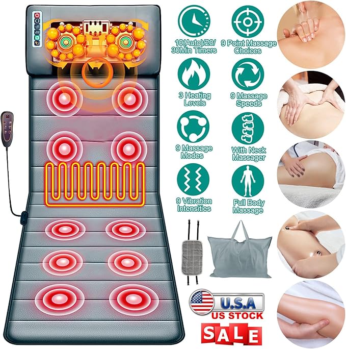KOCASO Full Body Massage Mat with Heat - 10 Vibration Motors &amp 9 ModesBack Massager Neck Massager with with Neck Massage Pillow Timer Anti-Slip Bottom