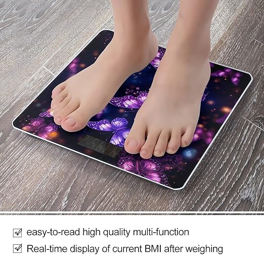 Purple Cute Butterfly Print Scale for Body Weight High Precision Digital Weight Scales with LCD Display Anti-Slip Sturdy Slim Tempered Glass Bathroom Scale for Home Use