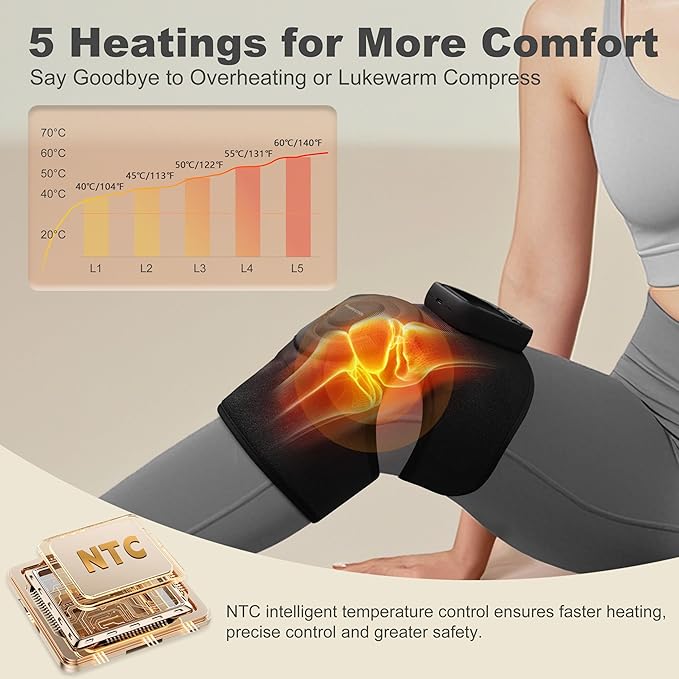 KingPavonini Cordless Knee Massager for Pain Relief Newly 4 Motors Vibration 5 Heat Levels 6 Massage Modes Knee Heating Pad for Knee Pain Heated Knee Massager Brace for Mom Dad (Black 1.0)