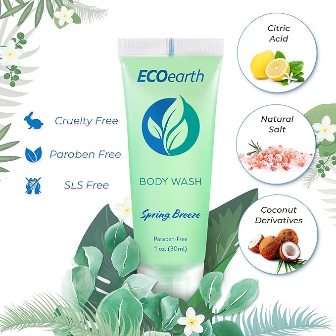 EcoEarth Travel Size Body Wash (1 fl oz 200 PK Spring Breeze) Delight Your Guests with a Revitalizing and Refreshing Hotel Body Wash Quality Mini and Small Size Guest Hotel Toiletries in Bulk