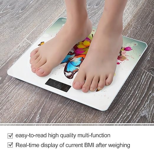 Colourful Butterfly and Floral Scale for Body Weight Sturdy Tempered Glass Weighing Scales with LCD Display Accurate Digital Bathroom Scale Convenient Body Fat Smart Scales 400lb