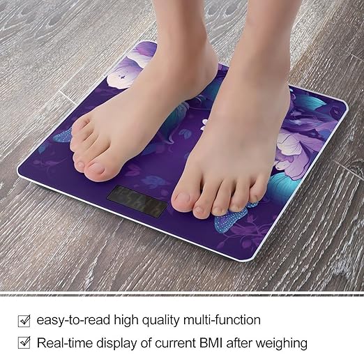 Blue Purple Flower Butterfly Scale for Body Weight Accurate Digital Bathroom Scale Toughened Glass High Precision Scales Smart Weight Scales with Large LCD Backlight Display Weighing Machine