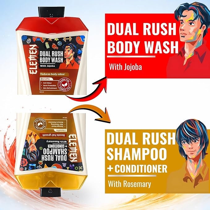 Elemen Dual Rush Flip Duo Bottle 500ml | Body Wash + Shampoo &amp Conditioner for Men | Daily Cleansing Body &amp Hair Care | Fresh &amp Strengthening Formula