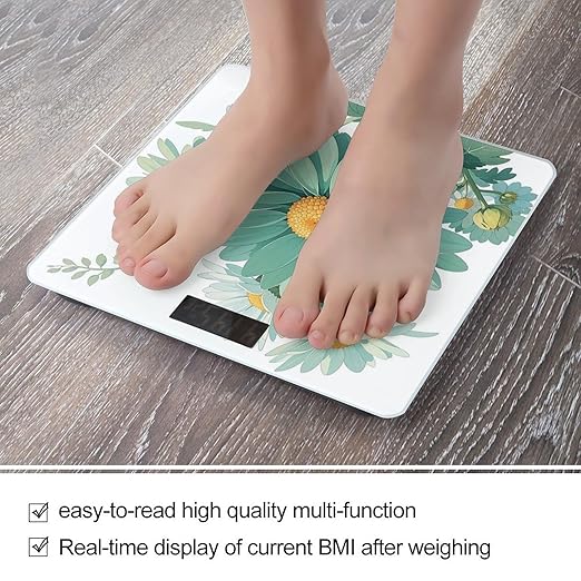 Mint Green Watercolor Daisy Scale for Body Weight Digital Bathroom Scale Toughened Glass High Precision Scales for Body Weight with Large LCD Backlight Display Weight Scales