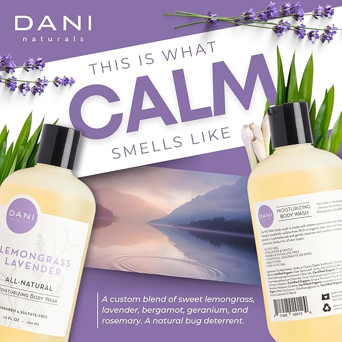 DANI Naturals Moisturizing Body Wash - Calming Lemongrass Lavender Scent with Organic Aloe Vera &amp Natural Glycerin - Paraben Sulfate &amp Phthalate-Free Shower Gel - 12 oz Bottle Vegan &amp C