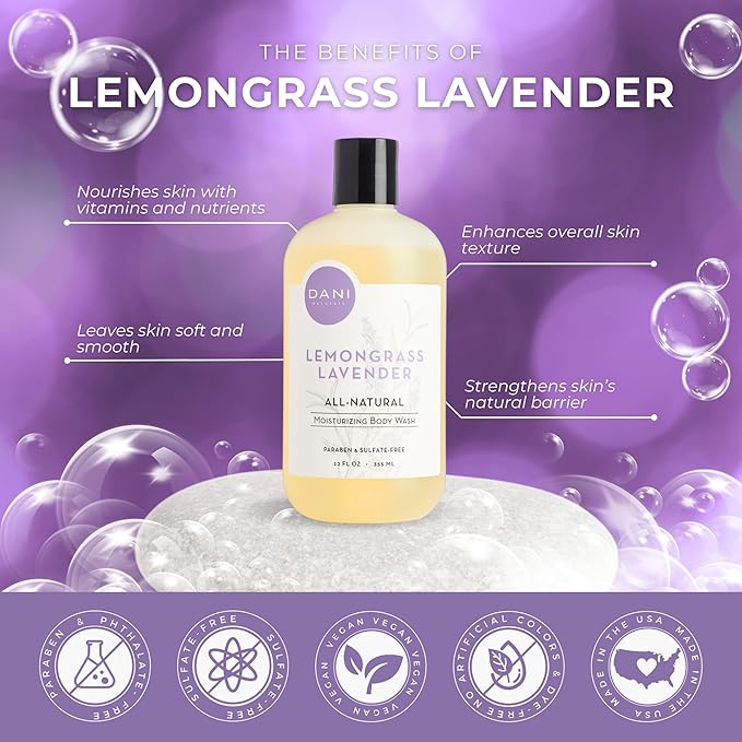 DANI Naturals Moisturizing Body Wash - Calming Lemongrass Lavender Scent with Organic Aloe Vera &amp Natural Glycerin - Paraben Sulfate &amp Phthalate-Free Shower Gel - 12 oz Bottle Vegan &amp C