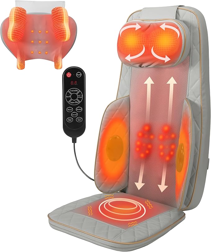 Shiatsu Neck and Back Massager with Heat - Full Back Walking Massager with Deep Kneading &amp Seat Cushion Vibration for Chair and Home Pain Relief Dual-Neck Detachable and Height Adjustment